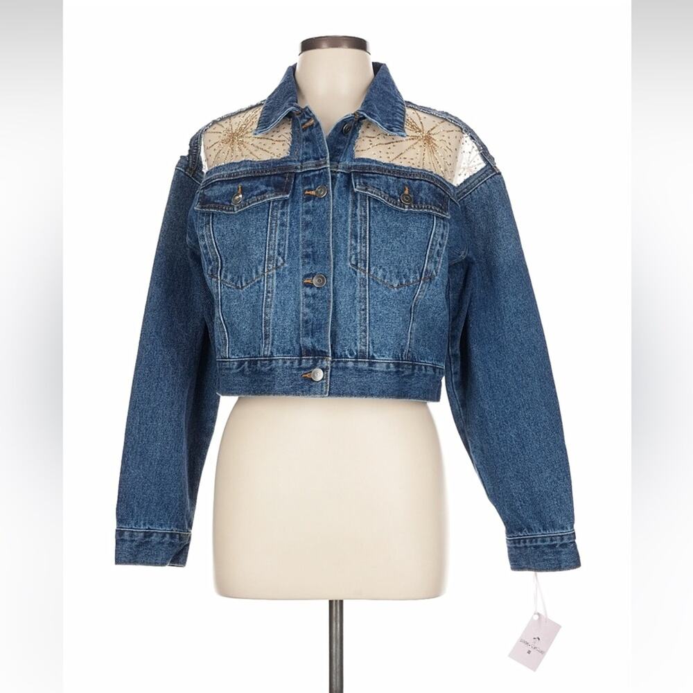 Denim and Sunshine Boho cropped sheer glitter denim Jacket, L - Picture 2 of 10